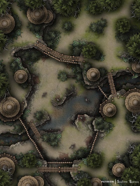 Free TTRPG Battlemap Primitive Forest Village Arena Seafoot Games