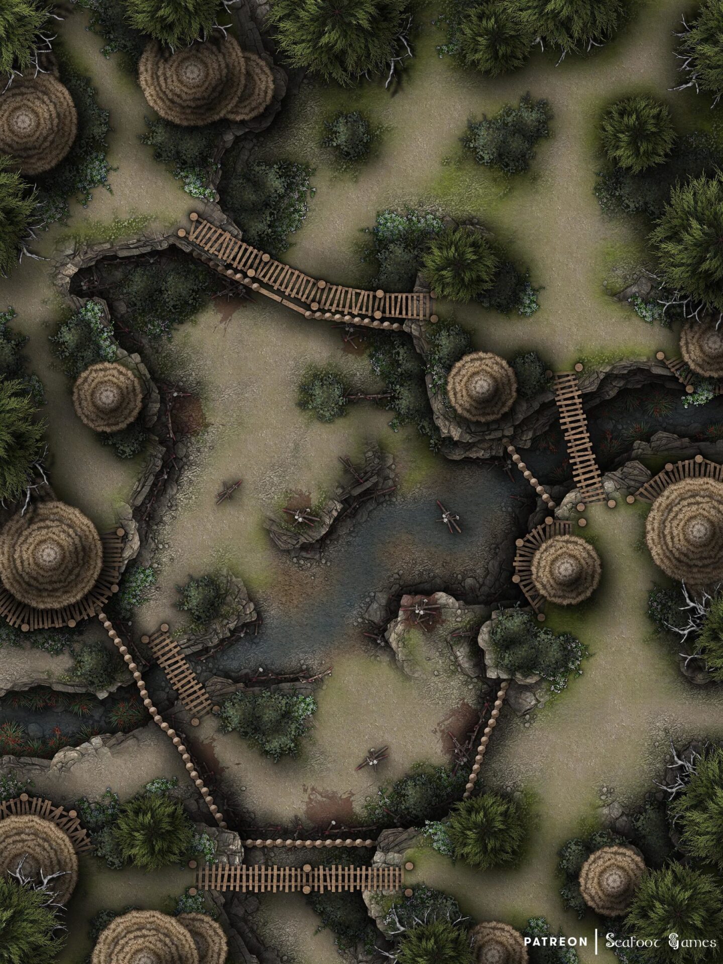 Free TTRPG Battlemap - Primitive Forest Village Arena • Seafoot Games