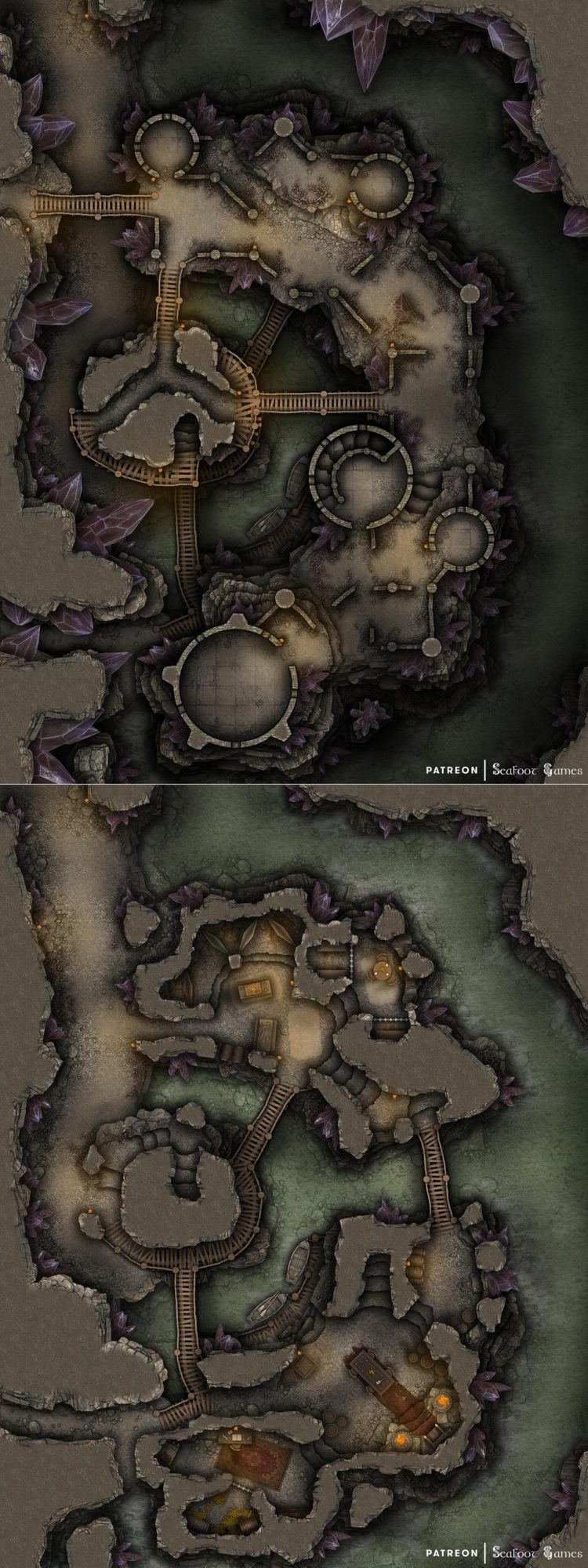 Free Multi-Level TTRPG Battlemap – Bandits Underdark Crystal Cavern