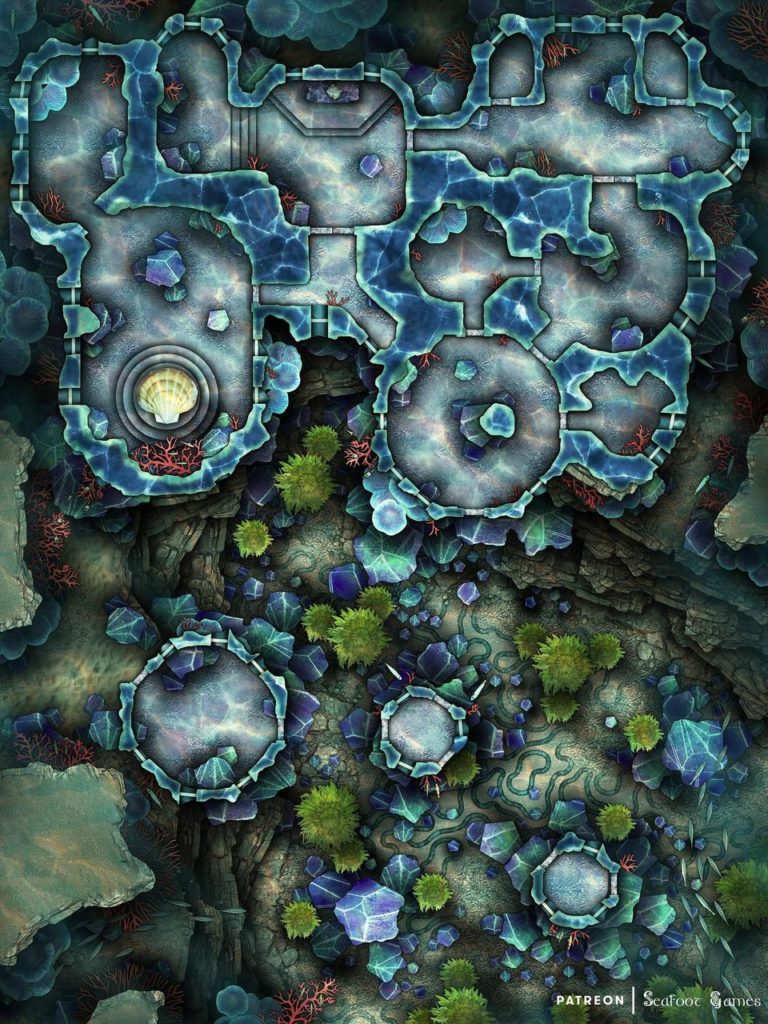 Free TTRPG battlemap of an Underwater Ruined Crystal Palace
