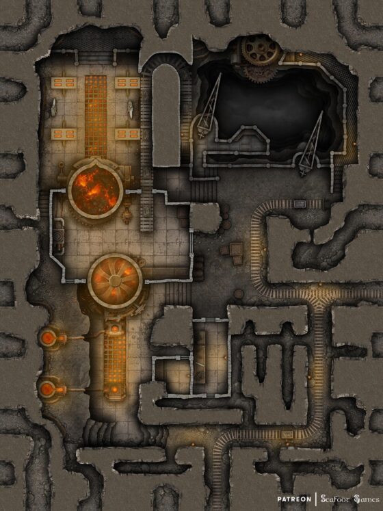 Underground Forge Complex Free 40x30 Battlemap & Adventure • Seafoot Games