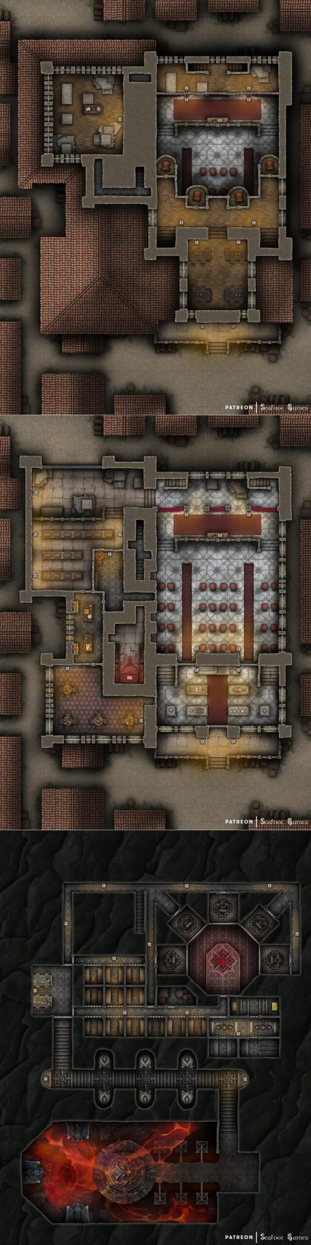 Devilbend Auction House Free 40x30 Multi-Level Battlemap , with a hidden and distinctly evil basement level replete with a variety of group or isolation prison cells, torture cages, and a portal to the hells. VTT ready!