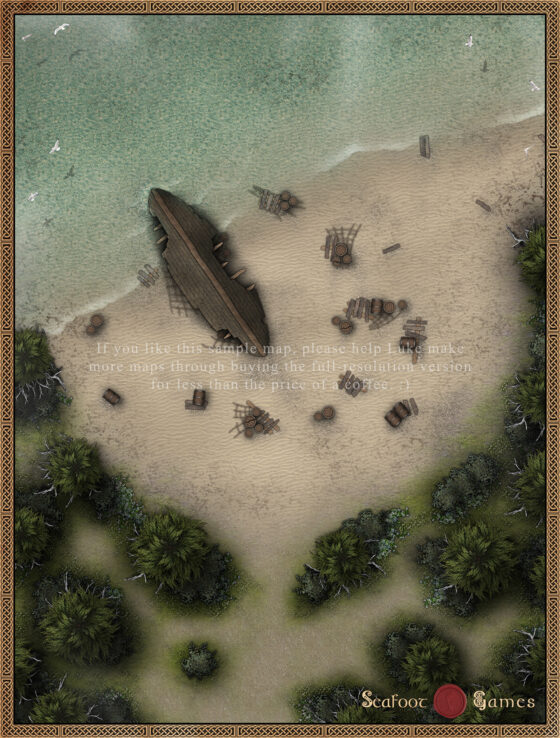 Savage Coast Shipwrecked Beach 40x30 Battlemap with Adventure (FoundryVTT-Ready!)